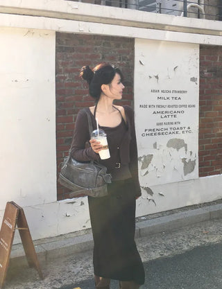 Slit elastic waist long skirt