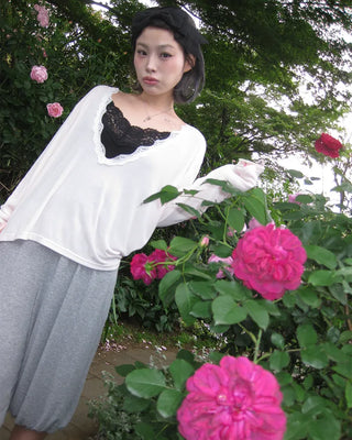 Lace Deep V-Neck Long Sleeve Cut and Sewn