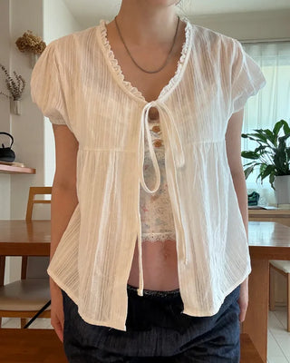 Striped front-open puff blouse