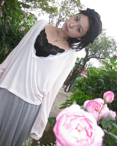 Lace Deep V-Neck Long Sleeve Cut and Sewn