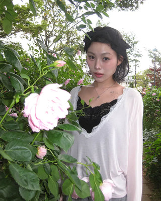 Lace Deep V-Neck Long Sleeve Cut and Sewn