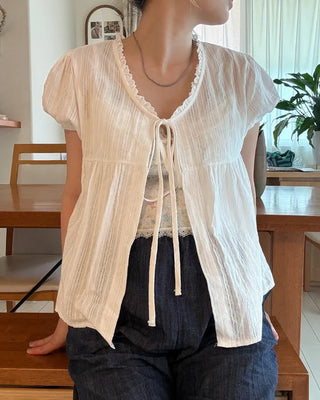 Striped front-open puff blouse