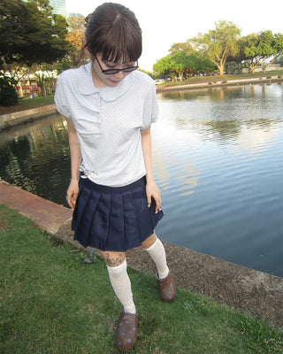 Round Collar Gathered Polo Neck Dot Puff T-Shirt