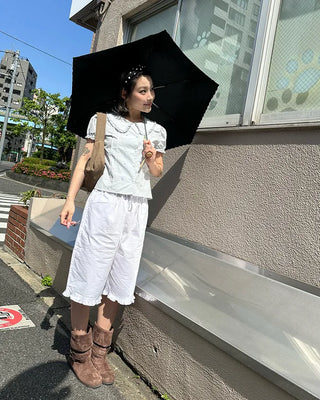 Frill hem easy wide half pants