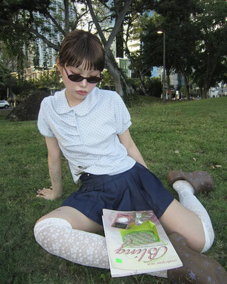 Round Collar Gathered Polo Neck Dot Puff T-Shirt