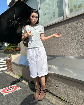 Frill hem easy wide half pants