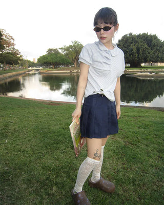 Round Collar Gathered Polo Neck Dot Puff T-Shirt