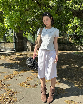Frill hem easy wide half pants