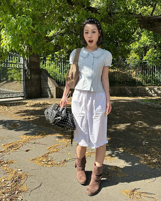 Frill hem easy wide half pants