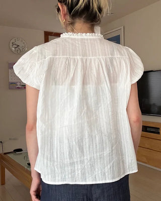 Striped front-open puff blouse