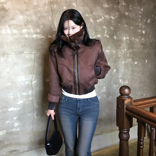 High-neck military shearling jacket