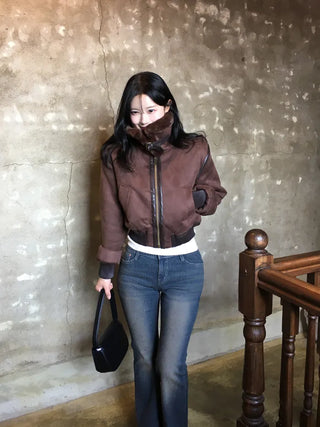 High-neck military shearling jacket