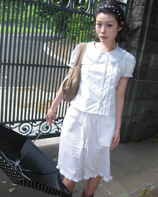Frill hem easy wide half pants
