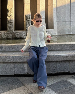 Double-pleated wide cotton pants
