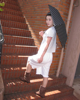 Frill hem easy wide half pants