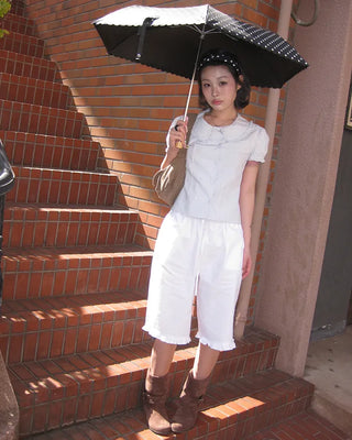 Frill hem easy wide half pants