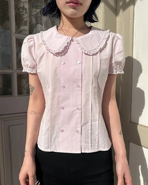 [6th Re-release] (ORIGINAL) Heart Button Lace Puff Blouse