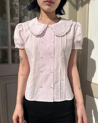 [6th Re-release] (ORIGINAL) Heart Button Lace Puff Blouse