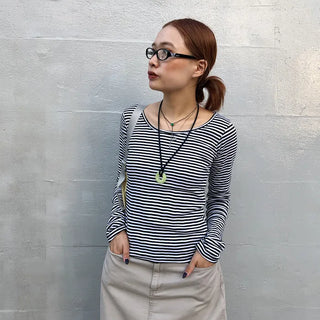 Striped U-neck long-sleeve T-shirt