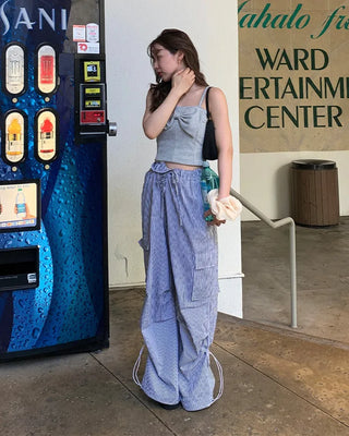 Long drawstring striped cargo pants