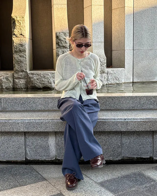 Double-pleated wide cotton pants