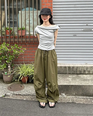 (Unisex) Nylon Wide-Leg Pants with Elastic Waistband