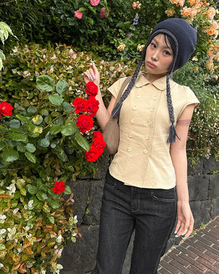 Raglan cap sleeve double-button blouse