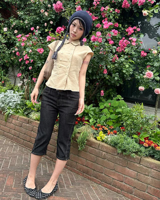 Raglan cap sleeve double-button blouse