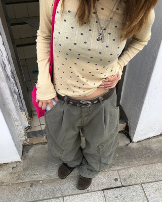 Boat neck polka dot ribbed long T-shirt