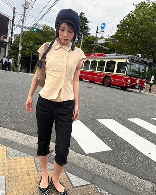 Raglan cap sleeve double-button blouse