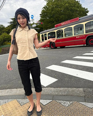 Raglan cap sleeve double-button blouse
