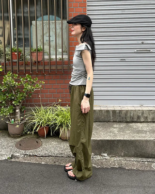 (Unisex) Nylon Wide-Leg Pants with Elastic Waistband