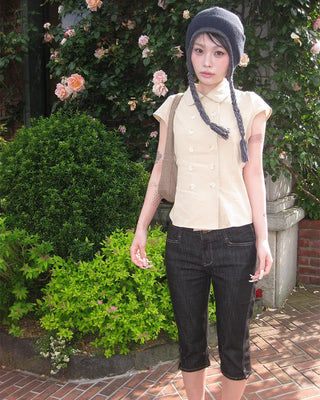 Raglan cap sleeve double-button blouse