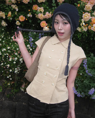 Raglan cap sleeve double-button blouse