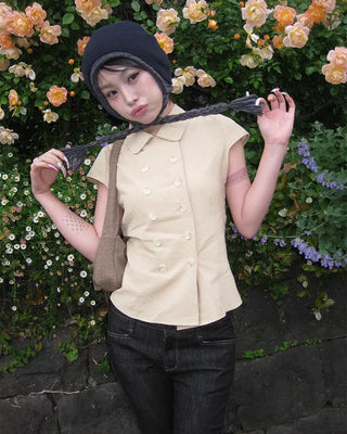 Raglan cap sleeve double-button blouse