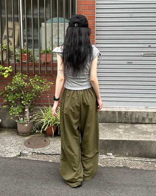 (Unisex) Nylon Wide-Leg Pants with Elastic Waistband