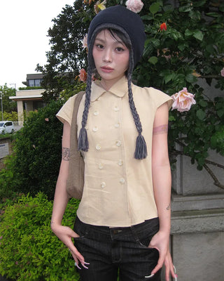 Raglan cap sleeve double-button blouse
