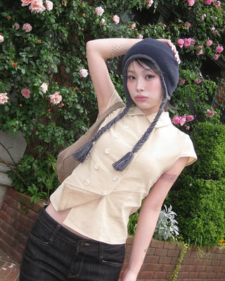 Raglan cap sleeve double-button blouse