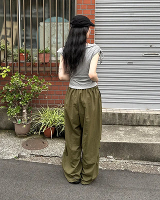(Unisex) Nylon Wide-Leg Pants with Elastic Waistband