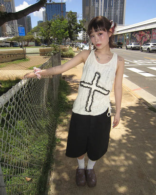Tulle fabric distressed tank top