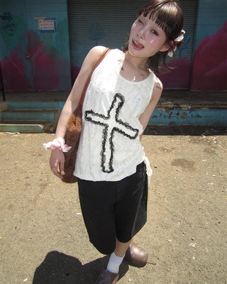 Tulle fabric distressed tank top