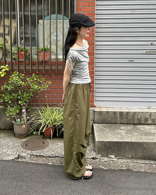 (Unisex) Nylon Wide-Leg Pants with Elastic Waistband