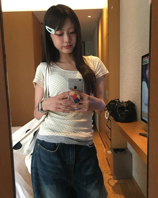 Pindot Square Neck Ribbed Half T-Shirt