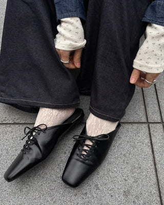 Lace-up square-toe leather flat mules