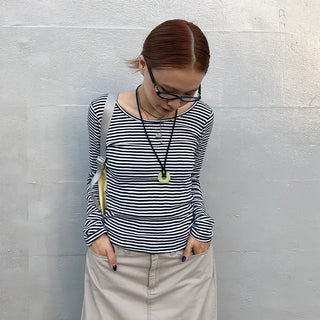 Striped U-neck long-sleeve T-shirt