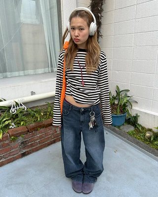 Striped semi-cropped long-sleeve T-shirt
