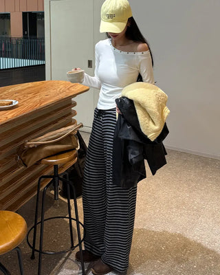 Striped elastic waist easy pants
