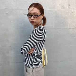 Striped U-neck long-sleeve T-shirt