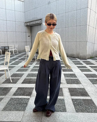 Double-pleated wide cotton pants