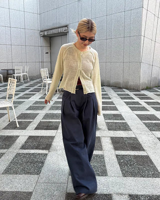 Double-pleated wide cotton pants